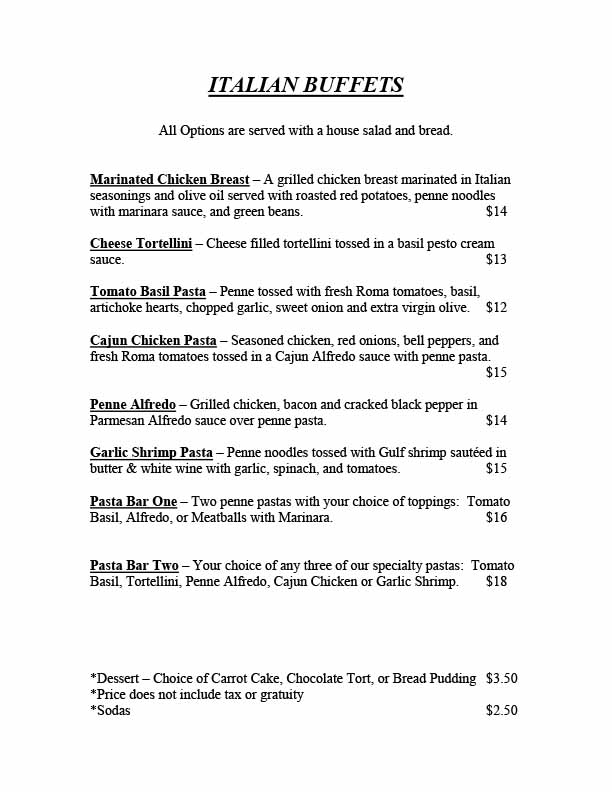 Baxter's Interurban Grill Menu for Special Events - Italian Buffets